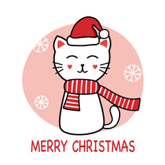 Cute cat wearing Santa Claus hat in line art design with snowflakes on background. Merry Christmas cartoon concept vector illustration. Holiday season.