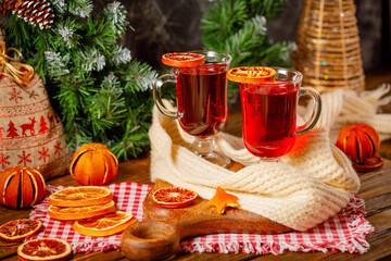 christmas still life with mulled wine and dried oranges