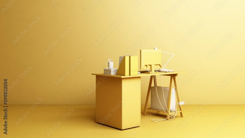 Poster yellow desk equipped with working equipment computers and documents spin around itself on a yellow b