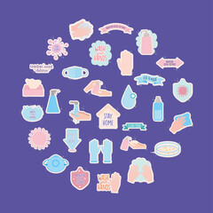 set of covid19 pandemic stickers with background purple