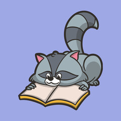 cartoon animal design raccoons reading books cute mascot logo