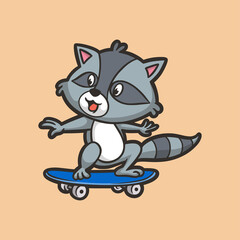 cartoon animal design raccoons skateboarding cute mascot logo