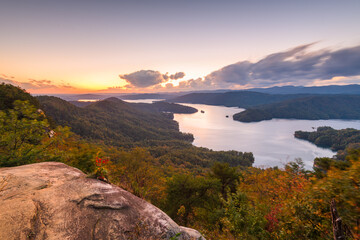 Lake Jocassee, South Carolina, USA in early autumn at sunset.