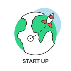 Obraz premium Business start up concept logo, New project start up concept in flat design style, Rocket launch vector illustration.