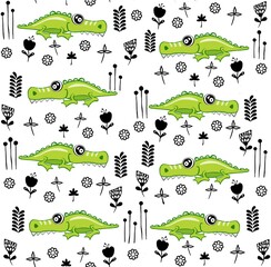 Crocodile pattern design with several alligators - funny hand drawn doodle, seamless pattern. Lettering poster or t-shirt textile graphic design. wallpaper, wrapping paper, background.