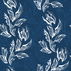 Frosty seamless pattern of white flowers on a blue background. Winter floral texture for fabric, paper.