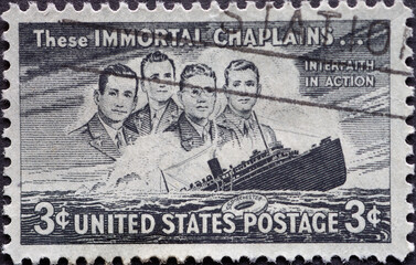 USA - Circa 1948 : a postage stamp printed in the US showing the four chaplains (George L. Fox,...