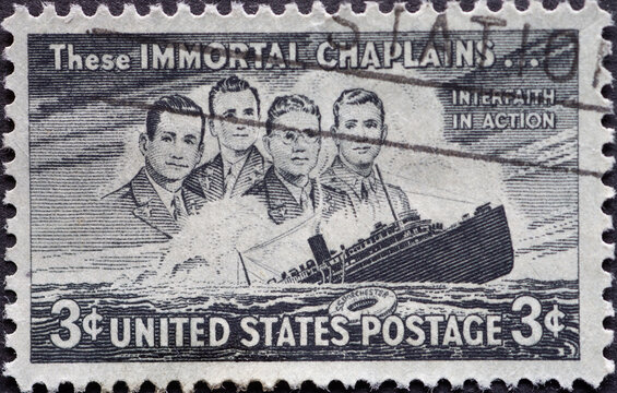 USA - Circa 1948 : a postage stamp printed in the US showing the four chaplains (George L. Fox, Clark V. Poling, John P. Washington, and Alexander D. Goode) about the sinking of the ship Dorchester
