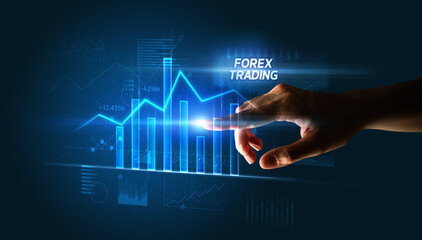 Hand touching FOREX TRADING button, business concept