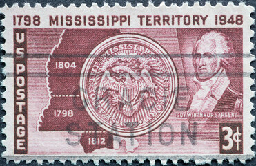 USA - Circa 1948 : a postage stamp printed in the US showing the map of the Mississippi Territory the state as it is today, the seal of the Mississippi Territory, and Governor Winthrop Sargent