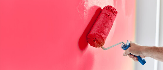 Male hand painting wall with paint roller. Painting apartment, renovating with pink color paint