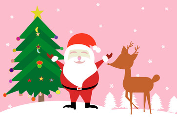 Happy Christmas santa claus and reindeer with Snowy Merry Christmas card.Vector illustration