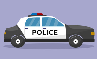 Police car, side view. Police patrol transport. Vector illustration, flat cartoon style. Vector illustration