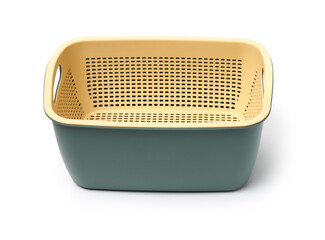 Empty plastic fruit or bread basket on white background 