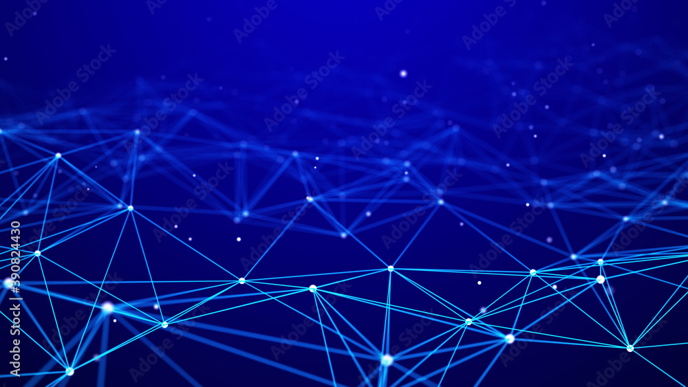 Poster network of bright connected dots and lines. abstract dynamic wave of many points. digital background