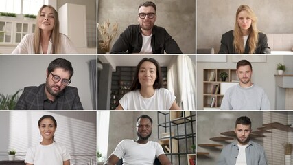 Discussing project online. Webcam view. Group video call. Remote communication of happy multiracial young people. Working from home office. Business chat conference. Colleagues communicate at meeting - Powered by Adobe