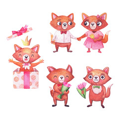 Cute watercolor foxes for birthday party. Set of characters on white. Animals for celebrations