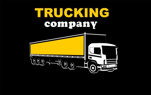 Logistic transportation trucking company logo on black background, three truck and plane jet above them, monochrome vector template