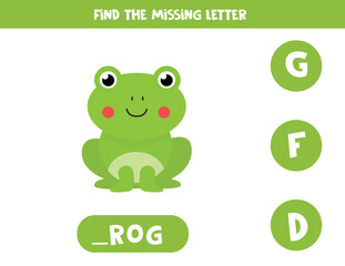 Find missing letter. Carton frog illustration. Logical game.
