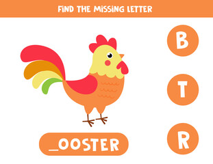 Find the missing letter. Cute cartoon rooster.