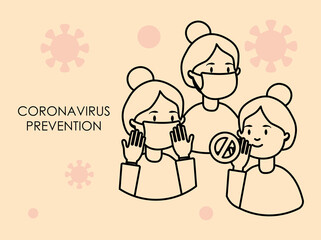 coronavirus prevention concept, cartoon women with mouth masks, line style
