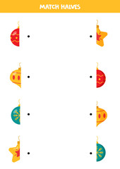 Match halves of Christmas baubles. Worksheet for kids.