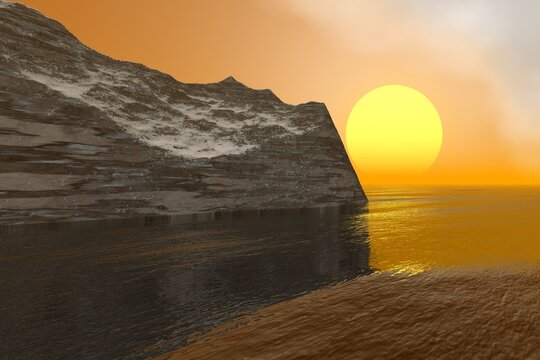 A rocky landscape, sunset next to the big rock.