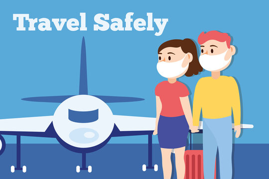 travel safely campaign lettering poster with travelers couple wearing medical masks and airplane