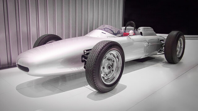 STUTTGART, GERMANY-APRIL 7, 2017: Silver 1962 Porsche 804 Formula 1 in the Porsche Museum
