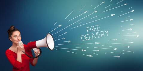 Young girl screaming to megaphone with FREE DELIVERY inscription, shopping concept