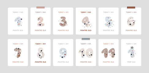 Baby Milestone Cards with numbers in pastel colors. Baby's first 12 months. Baby's first year baby boy or girl shower gifts. Capture all the special moments of little one’s in first year
