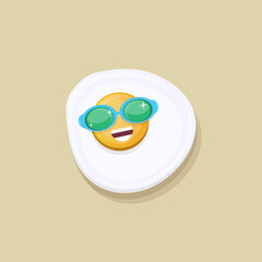 vector funny cartoon fried egg character with sunglasses isolated on grey background. funky smiling morning food fried egg. Good morning concept