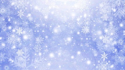 Naklejka na ściany i meble Winter blue and white bokeh background with circles, sparkles and snowflakes