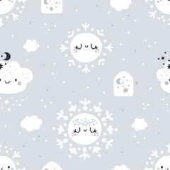 Fototapeta na wymiar Seamless childish pattern with cute cartoon snowflakes, clouds and houses. Kids texture in pastel colors. Nursery winter print. Ideal for wallpaper, wrapping paper, kids clothing, textile, fabric
