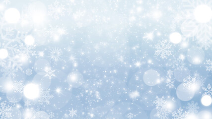 Winter blue and white bokeh background with circles, sparkles and snowflakes