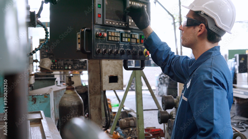 Poster smart factory worker using machine in factory workshop . industry and engineering concept.