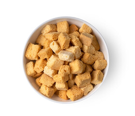 crispy bread in white bowl on white background