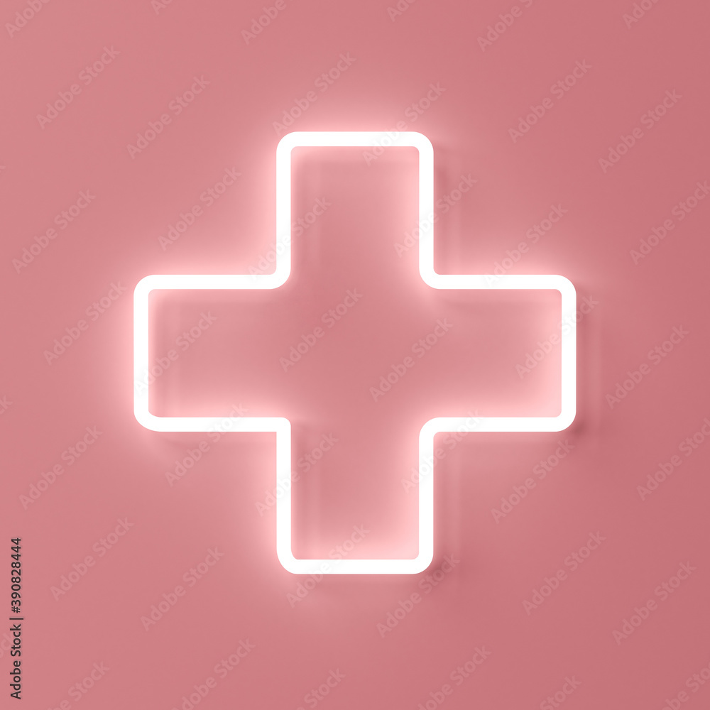 Poster neon plus sign isolated on pink pastel color wall background with shadow 3d rendering