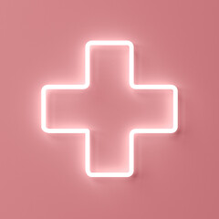 Neon plus sign isolated on pink pastel color wall background with shadow 3D rendering