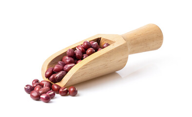 Azuki red bean in wood scoop on white background