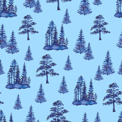 Watercolor pattern with forest, trees, pines and firs, seamless forest pattern