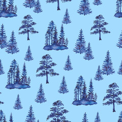 Obraz premium Watercolor pattern with forest, trees, pines and firs, seamless forest pattern