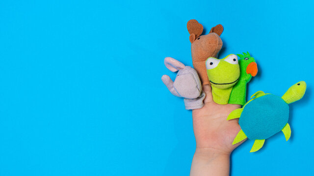Small children's hand and finger toys animals: elephant, deer, frog. parrot and turtle. Fingers Theatre