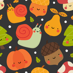 Autumn seamless pattern, cute drawing cartoon characters, vector set of autumn, acorn, snail, pumpkin, pear, mushroom, pine tree. nursery seamless pattern, scandinavian thanksgiving day - 390829477