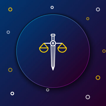 Line Scales Of Justice Icon Isolated On Blue Background. Court Of Law Symbol. Balance Scale Sign. Colorful Outline Concept. Vector.