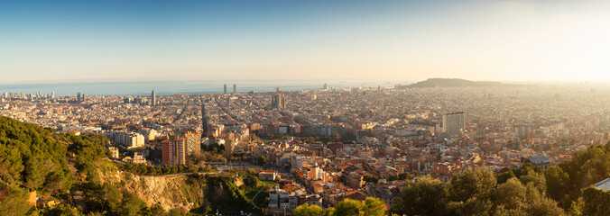 Panorama sunset over Barcelona from Bunkers del Carmel