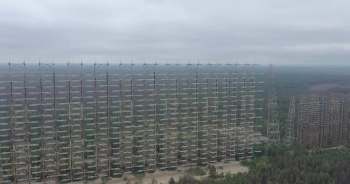 Duga Radar Antenna In Pripyat, Ukraine On A Misty Morning - Over-the-horizon Radar System Near Chernobyl - panning drone shot