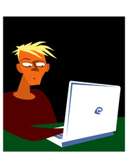 Boy working at the computer. Vector image for illustrations.