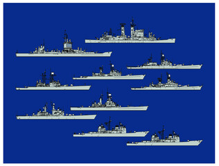 Set of silhouettes of us navy guided missile cruisers. Vector image for illustrations.