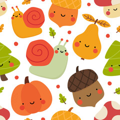 Autumn seamless pattern, cute drawing cartoon characters, vector set of autumn, acorn, snail, pumpkin, pear, mushroom, pine tree. nursery seamless pattern, scandinavian thanksgiving day